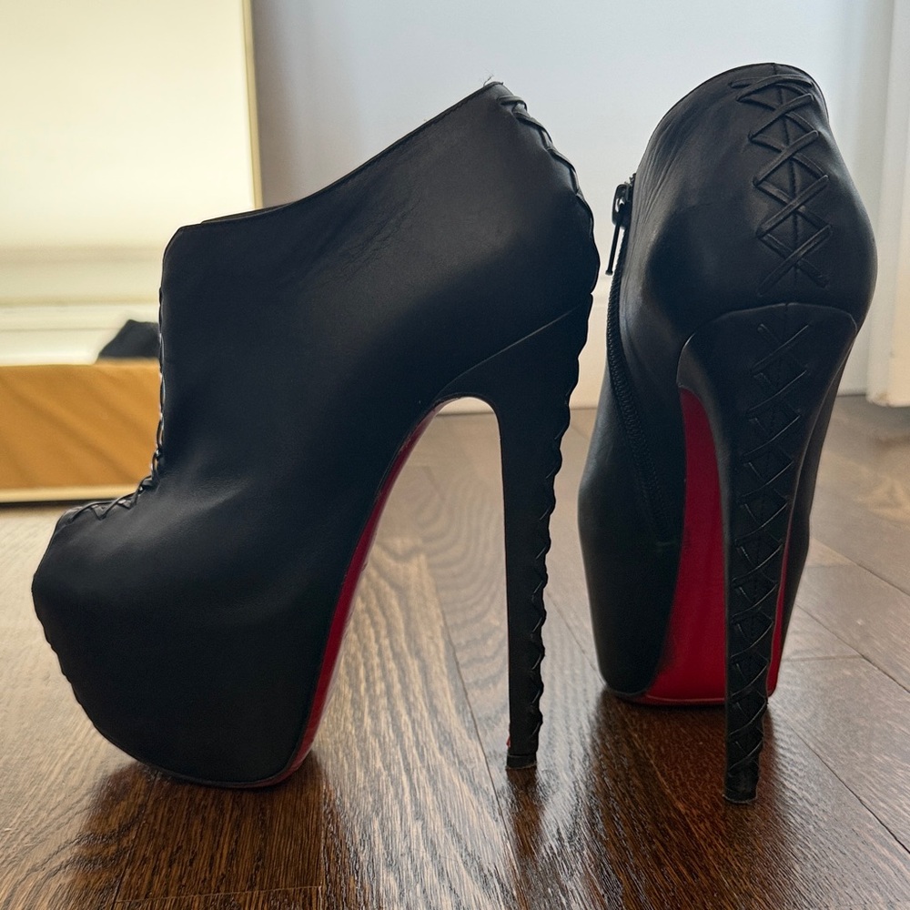 Christian Louboutin Black Leather Platform Ankle Booties with Red Sole